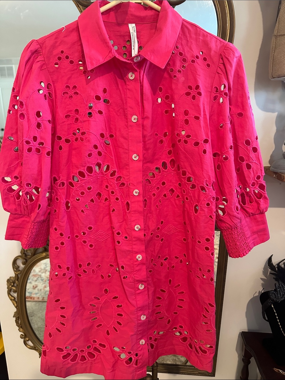 By Anthropologie Embroidered Button-Front Mini Shirtdress. Size Small - Picture 5 of 8